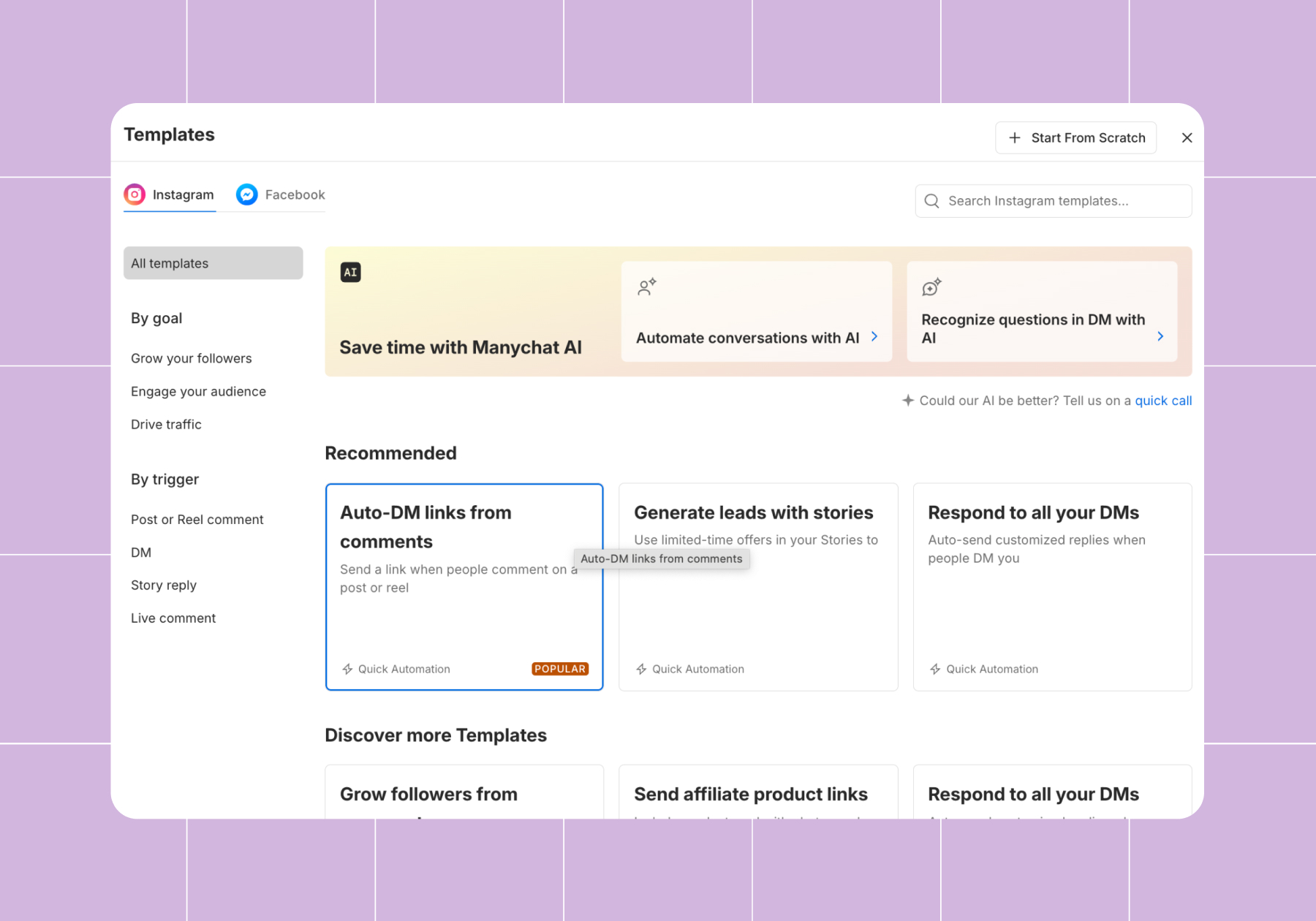 Screenshot of Manychat templates options with "Auto-DM links from comments" selected