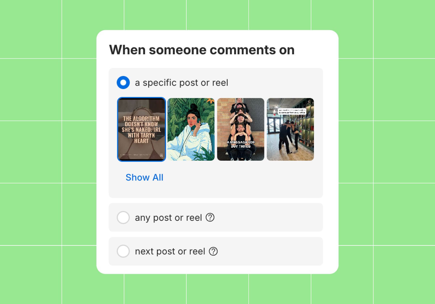 Screenshot of options for "When someone comments on" with "a specific post or reel" chosen