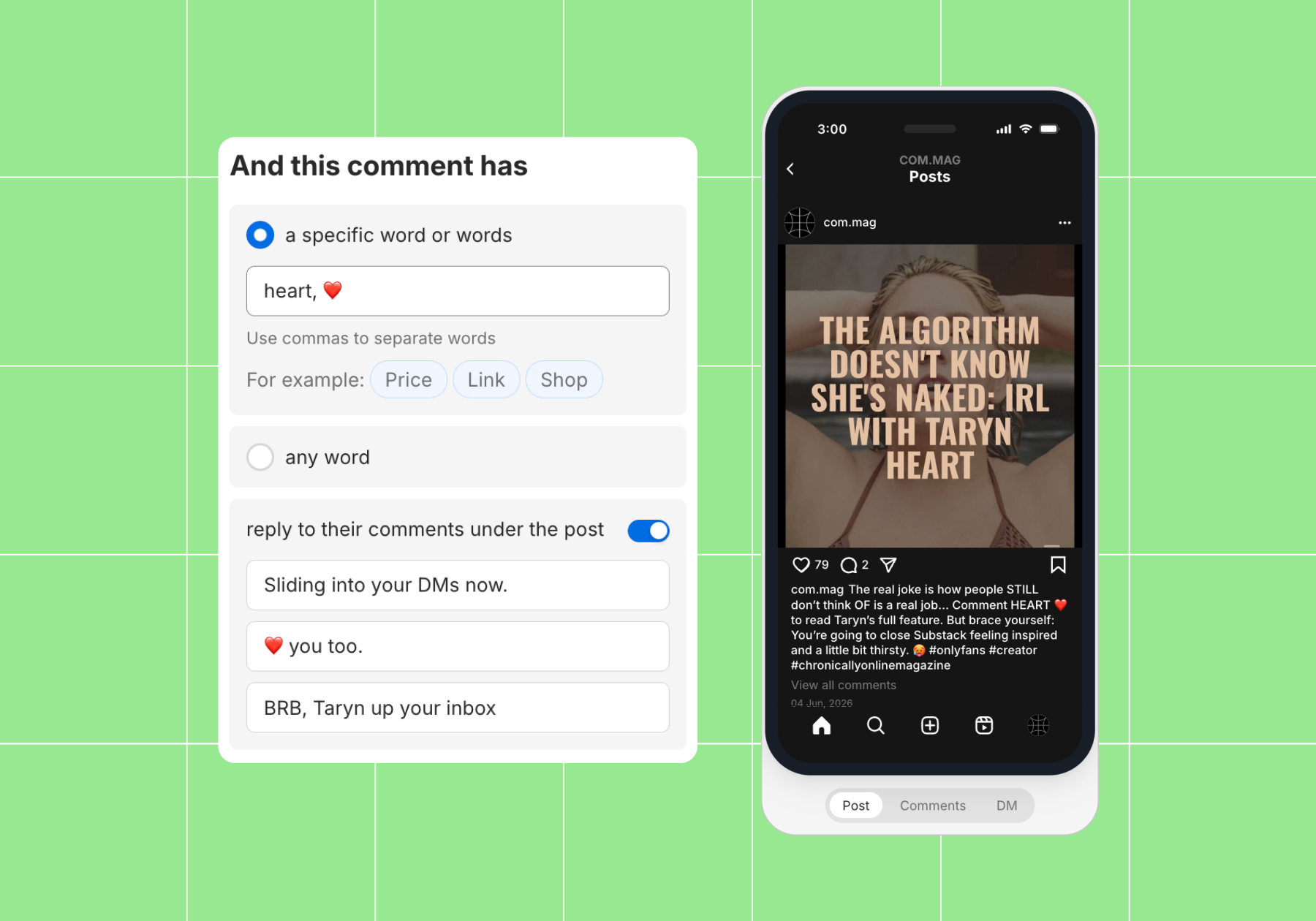 Screenshot with "And this comment has" options with "a specific word or words" selected and the word "heart" plus the red heart emoji typed into the box separated by a comma. The next image shows what it looks like on the post on Instagram, using the Chronically Online Magazine account as an example
