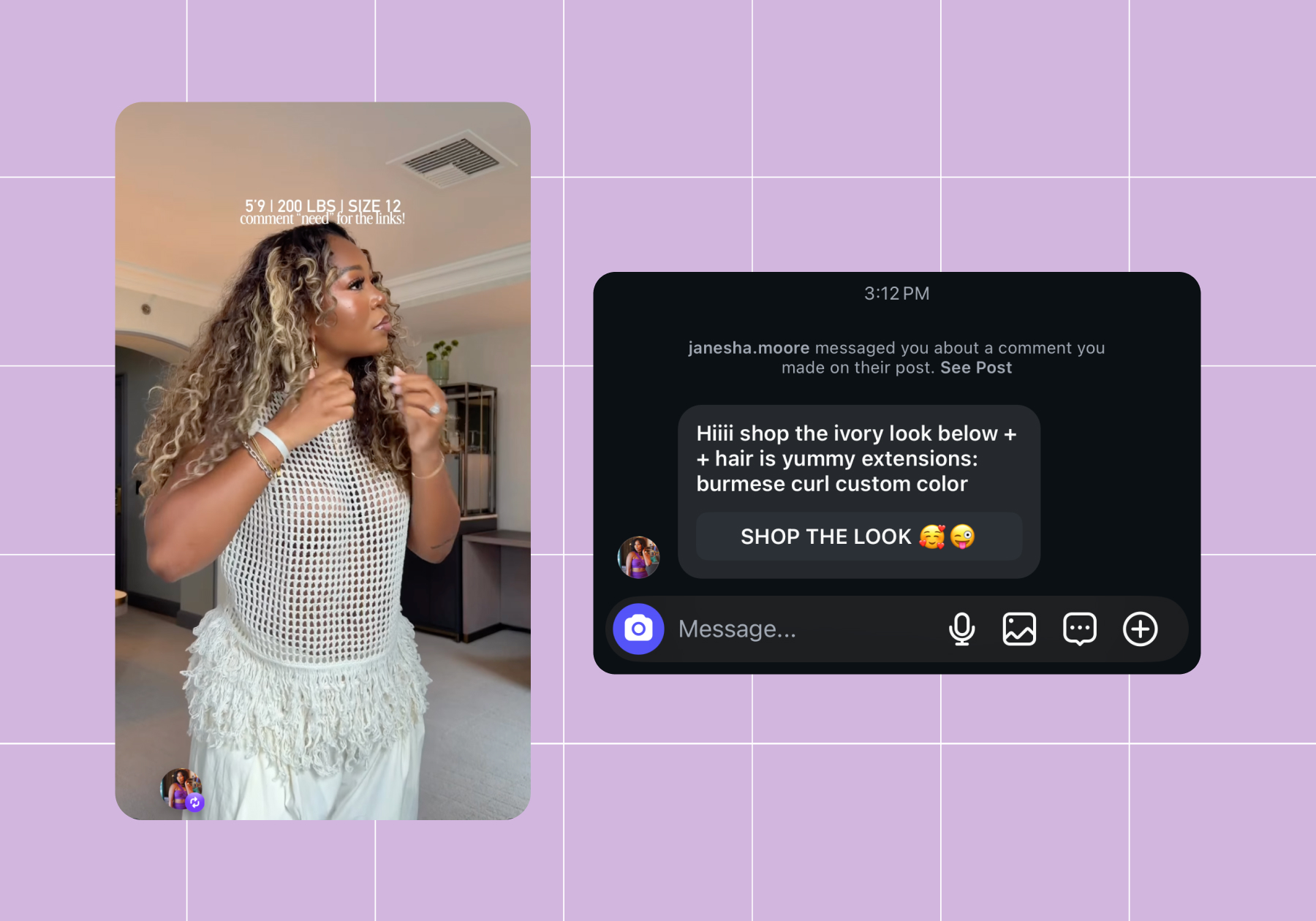 Screenshot of Janesha Moore on Instagram with an example of what her DM before the button looks like: "Hiii shop the ivory look below + hair is yummy extensions: burmese curl custom color"
