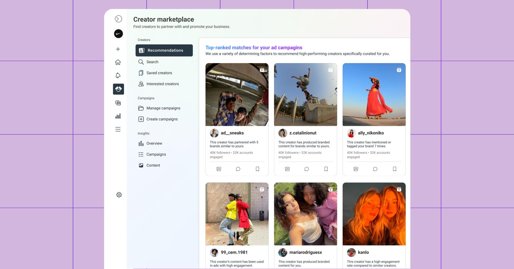 Screenshot of the Instagram Creator marketplace Recommendations
