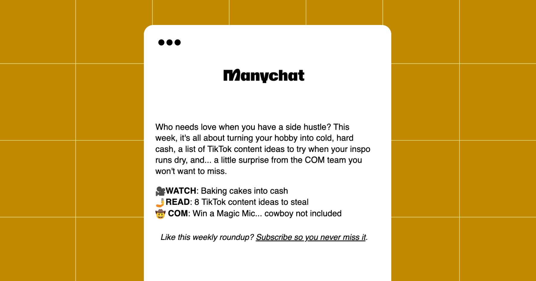 Screenshot of the Manychat newsletter promoting the Magic Mic giveaway via Instagram
