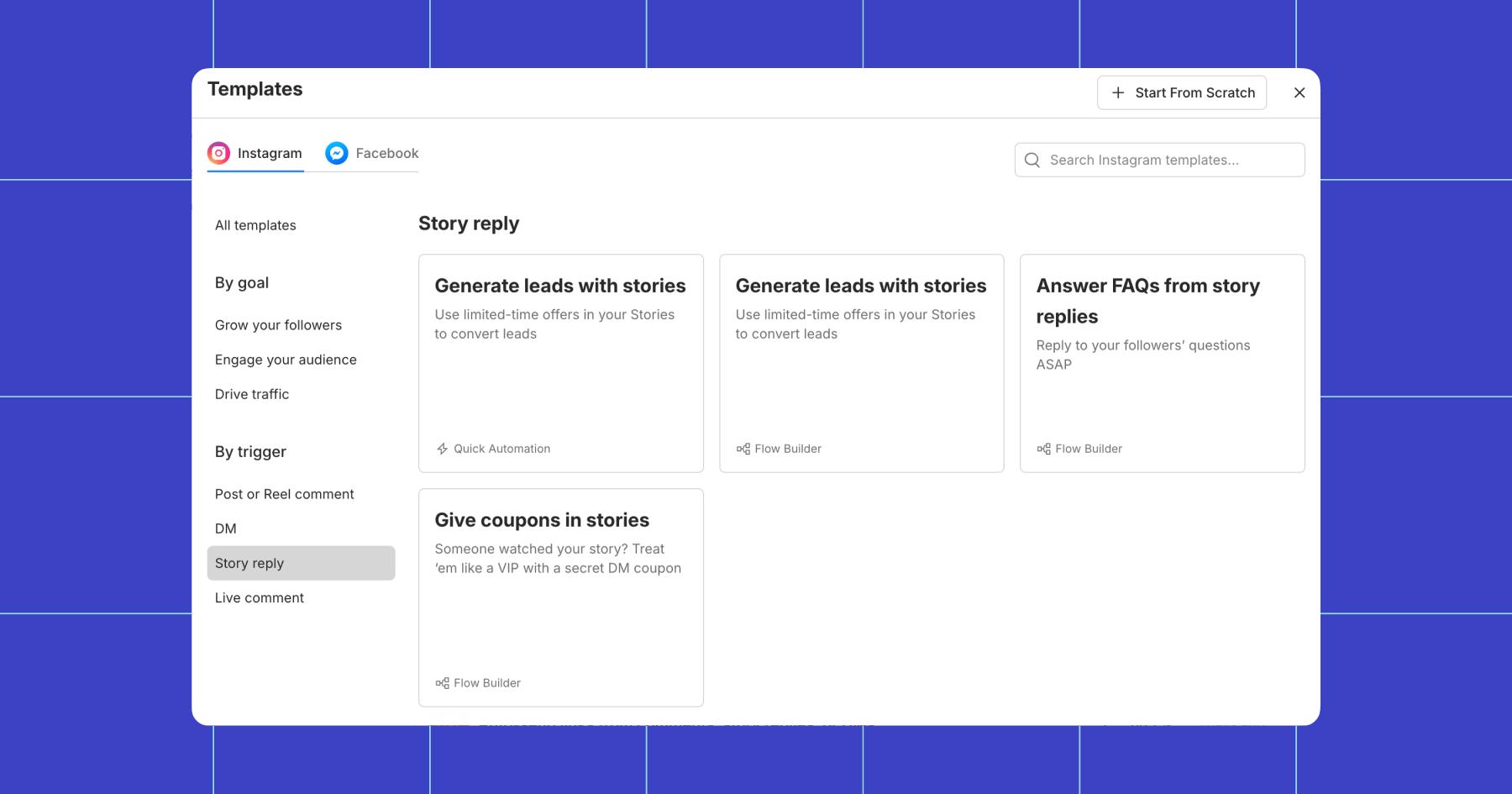 Screenshot of Manychat dashboard of template options for Story replies