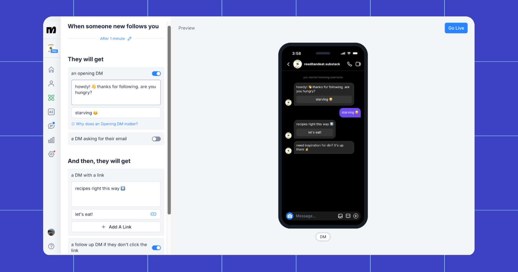Screenshot showing a Follow to DM message flow in Manychat 