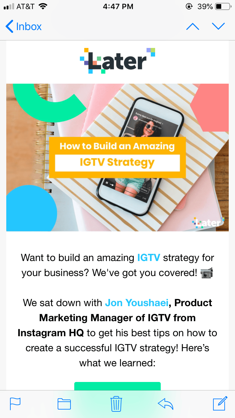 SaaS Email Marketing Example from Social Media Scheduling tool Later.