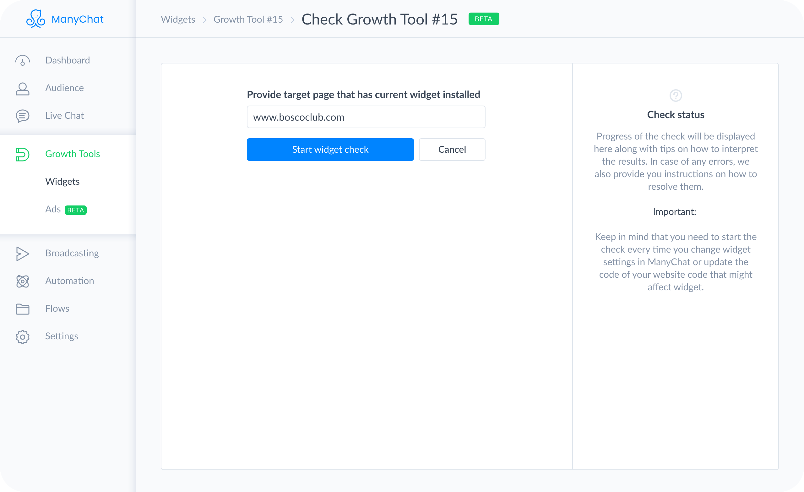 Punch in the URL where your Manychat growth tool will operate
