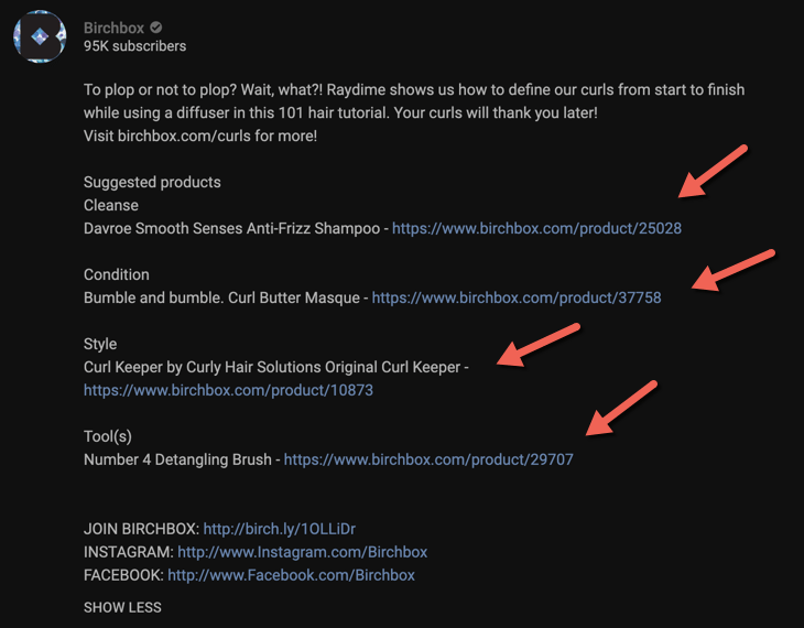 Birchbox adding links to YouTube description