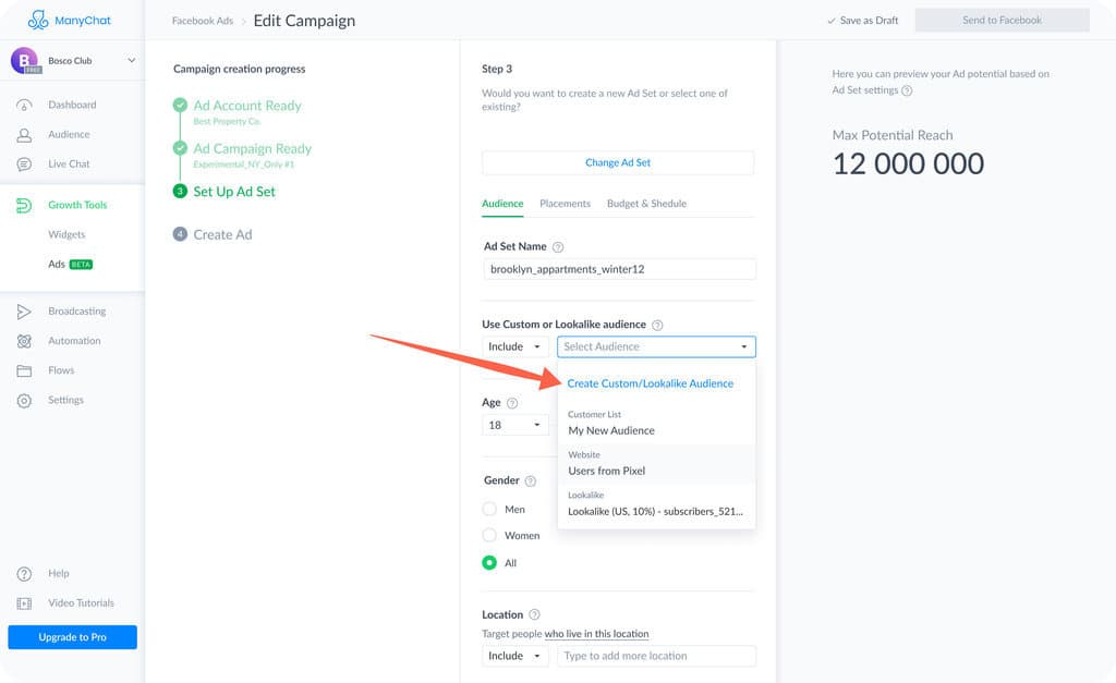 Building a custom audience in Manychat to advertise on Facebook