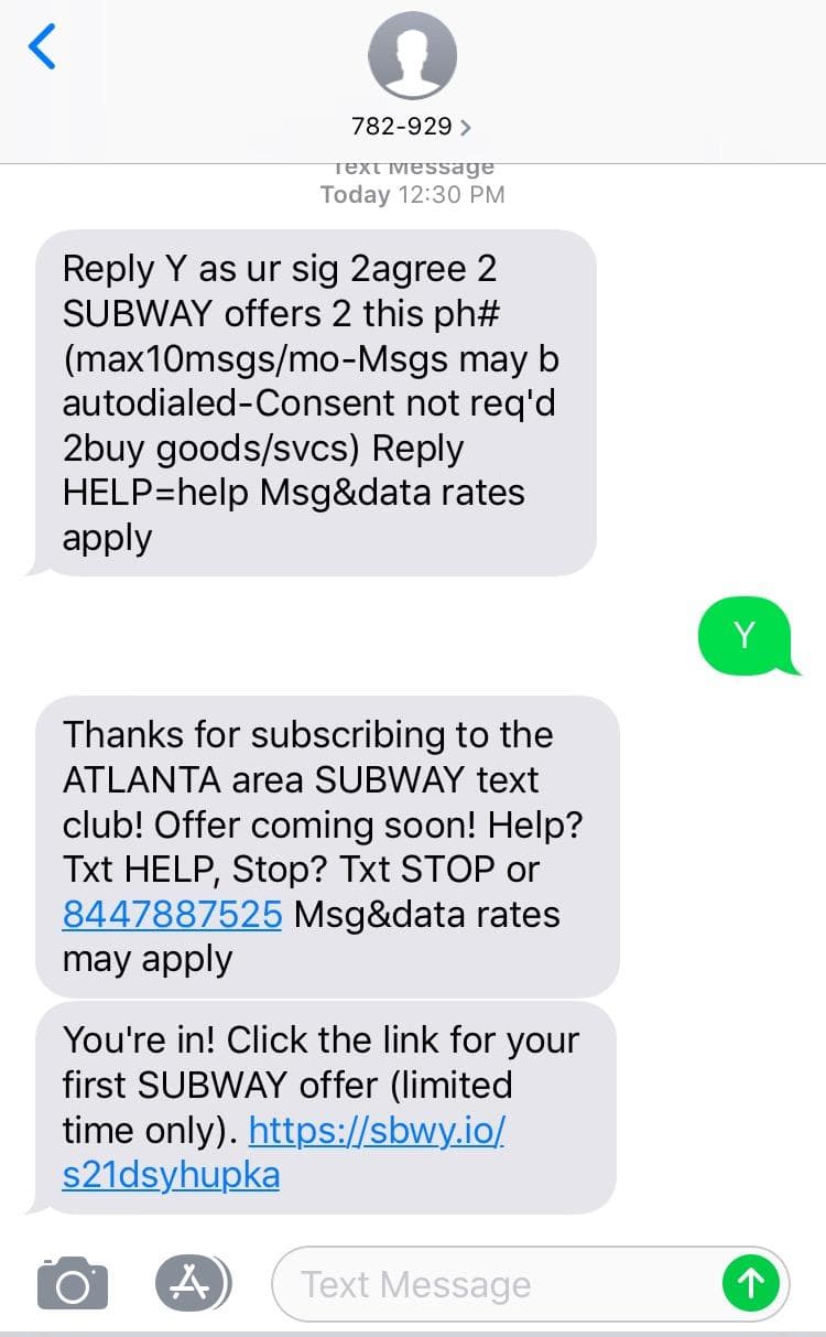 Example of SMS Marketing from Subway