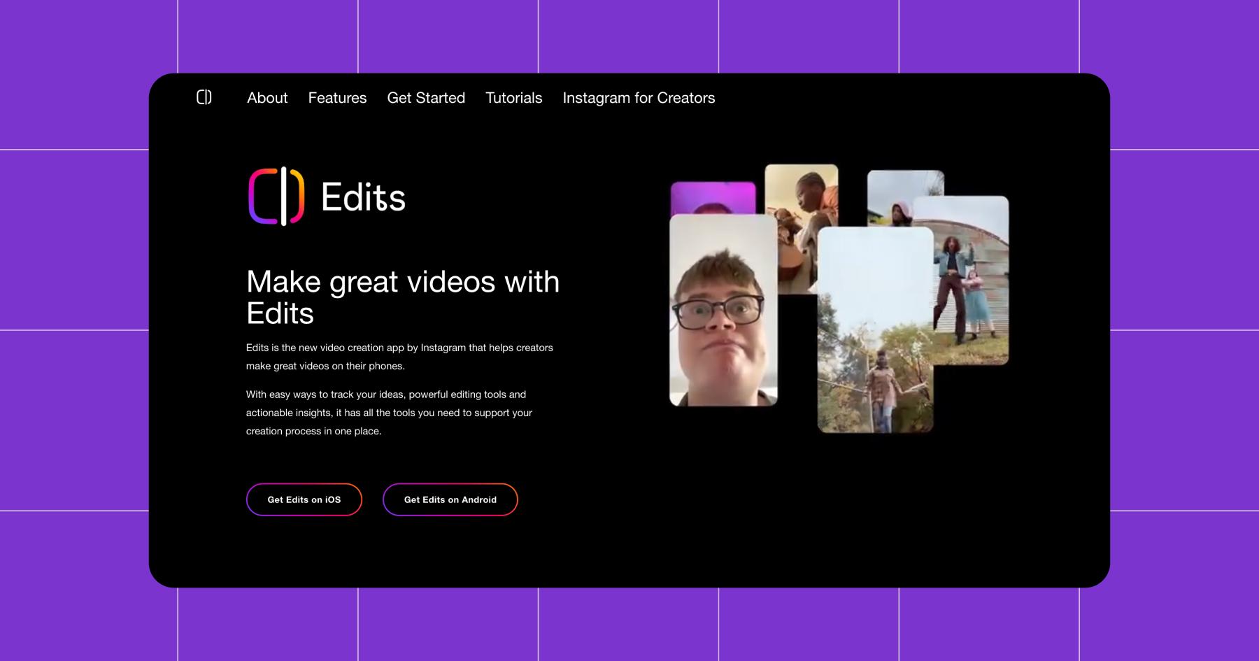 Screenshot of the Edits app homepage