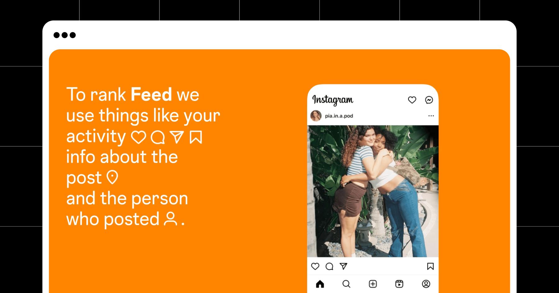 Screenshot of page explaining how the Instagram feed algorithm works: "To rank Feed we use things like your activity, info about the post, and the person who posted".