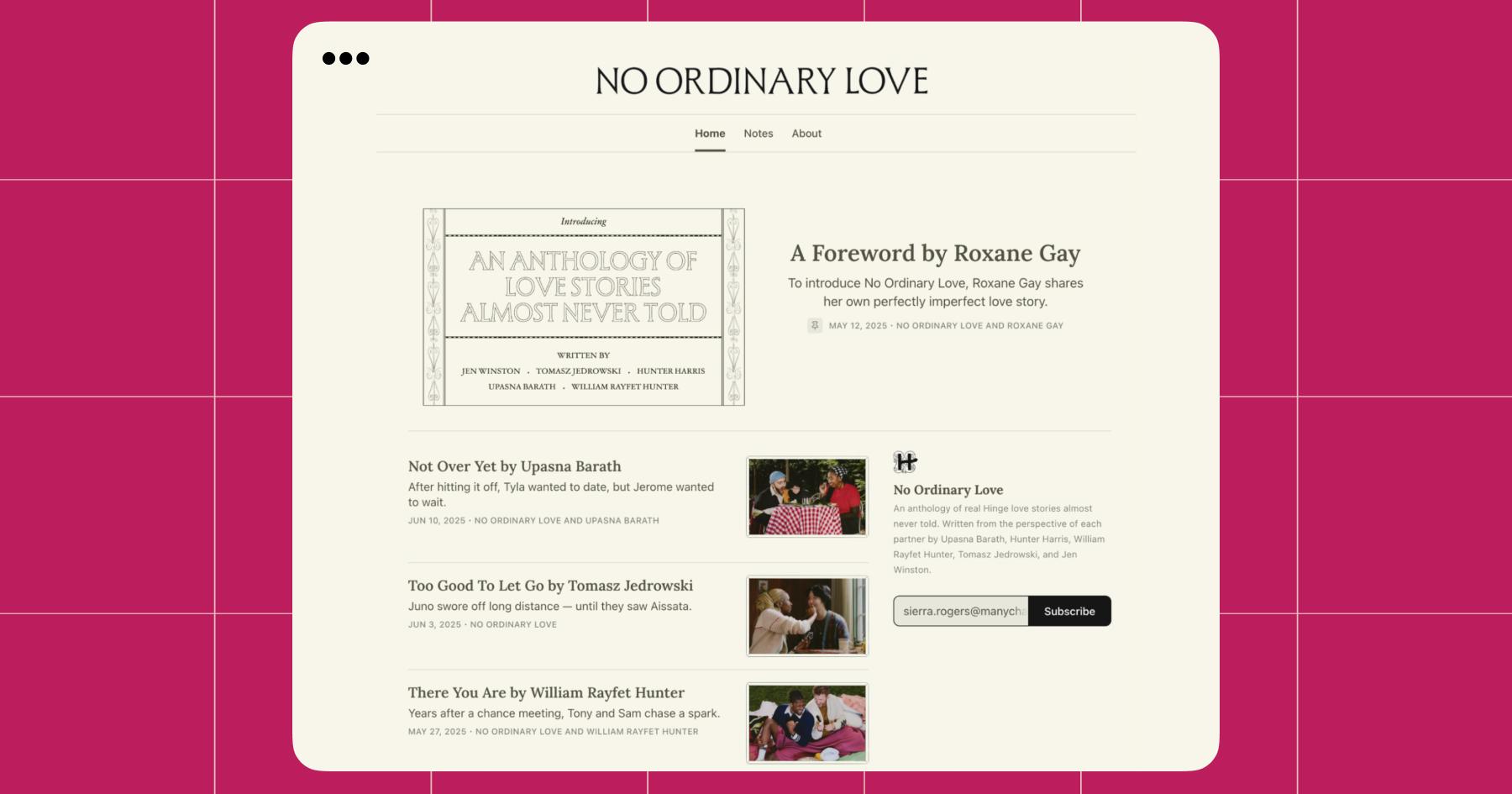 Screenshot of the campaign run by dating app Hinge called “No Ordinary Love” on Substack