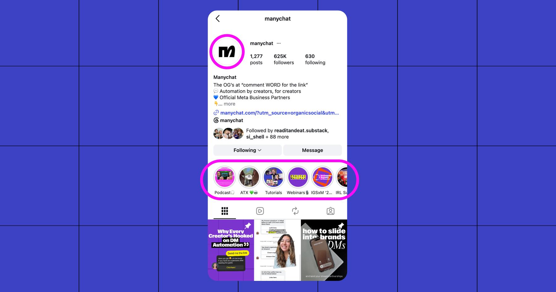 Screenshot of highlights on an Instagram profile