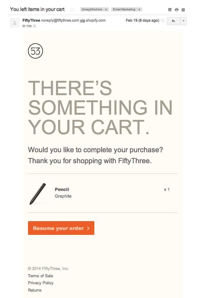 Abandoned cart email example