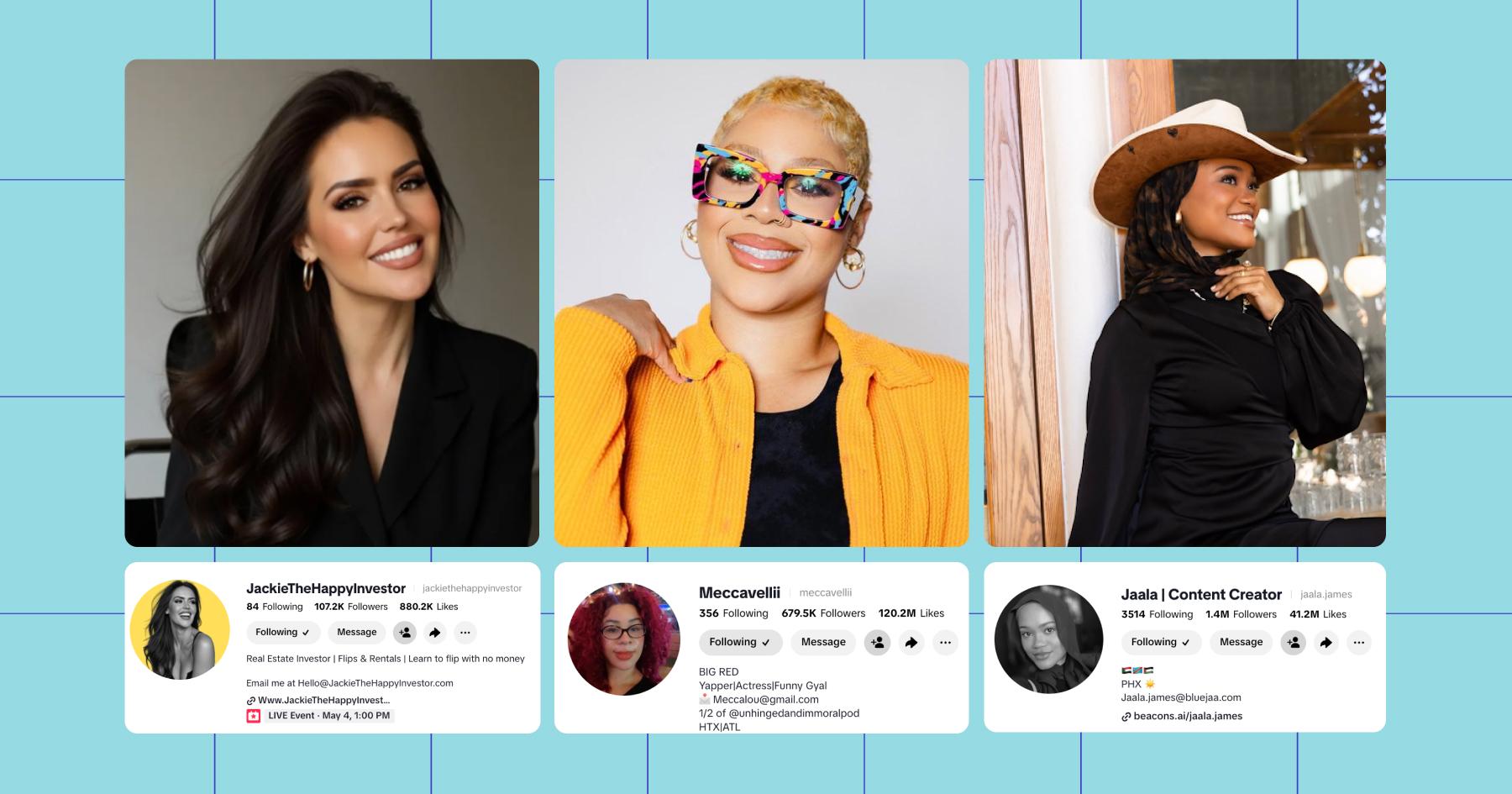 Screenshots of the three macro creators and their Instagram profiles: 1. Jackie Coffey @jackiethehappyinvestor, 2. Mecca Evans @meccavellii and 3. Jaala James @jaala.james 