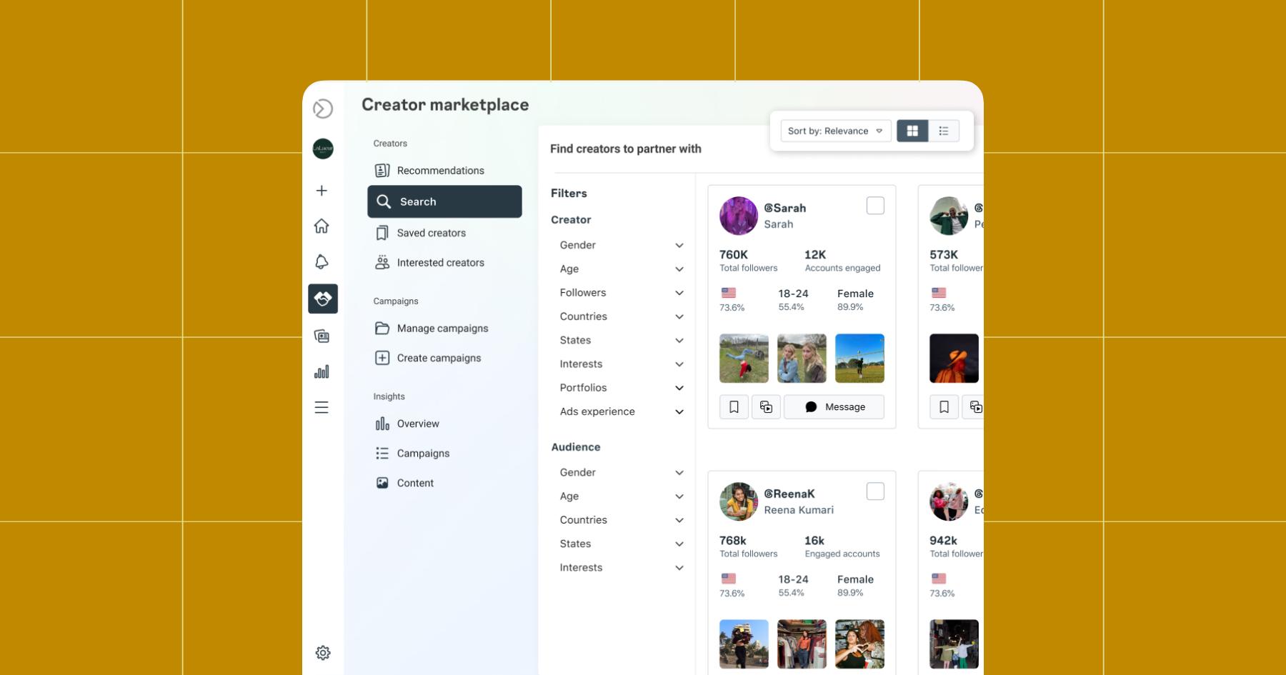 Screenshot of the Instagram Creator marketplace Search 