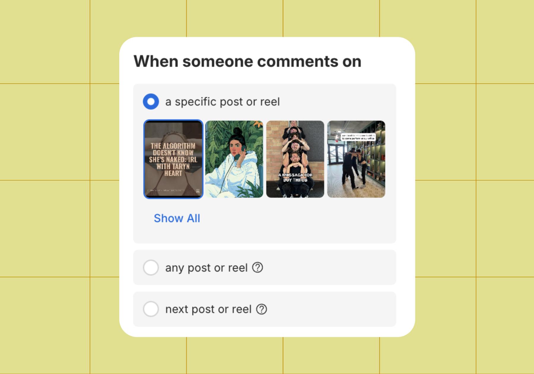 Screenshot of options for when someone comments on a specific post or reel, any post or reel, or next post or real with "specific" selected