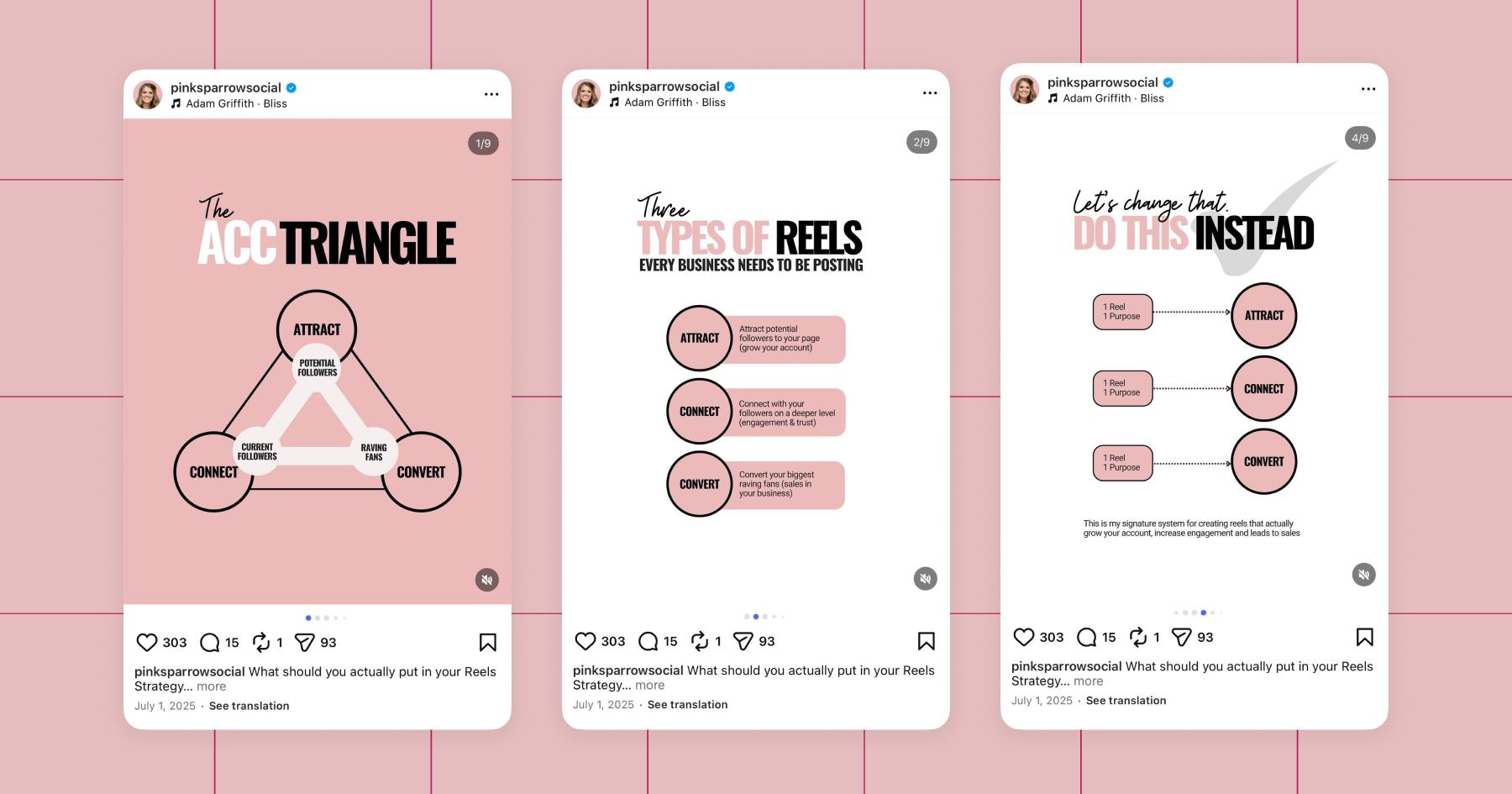Screenshot of Pink Sparrow Social posts on Instagram 