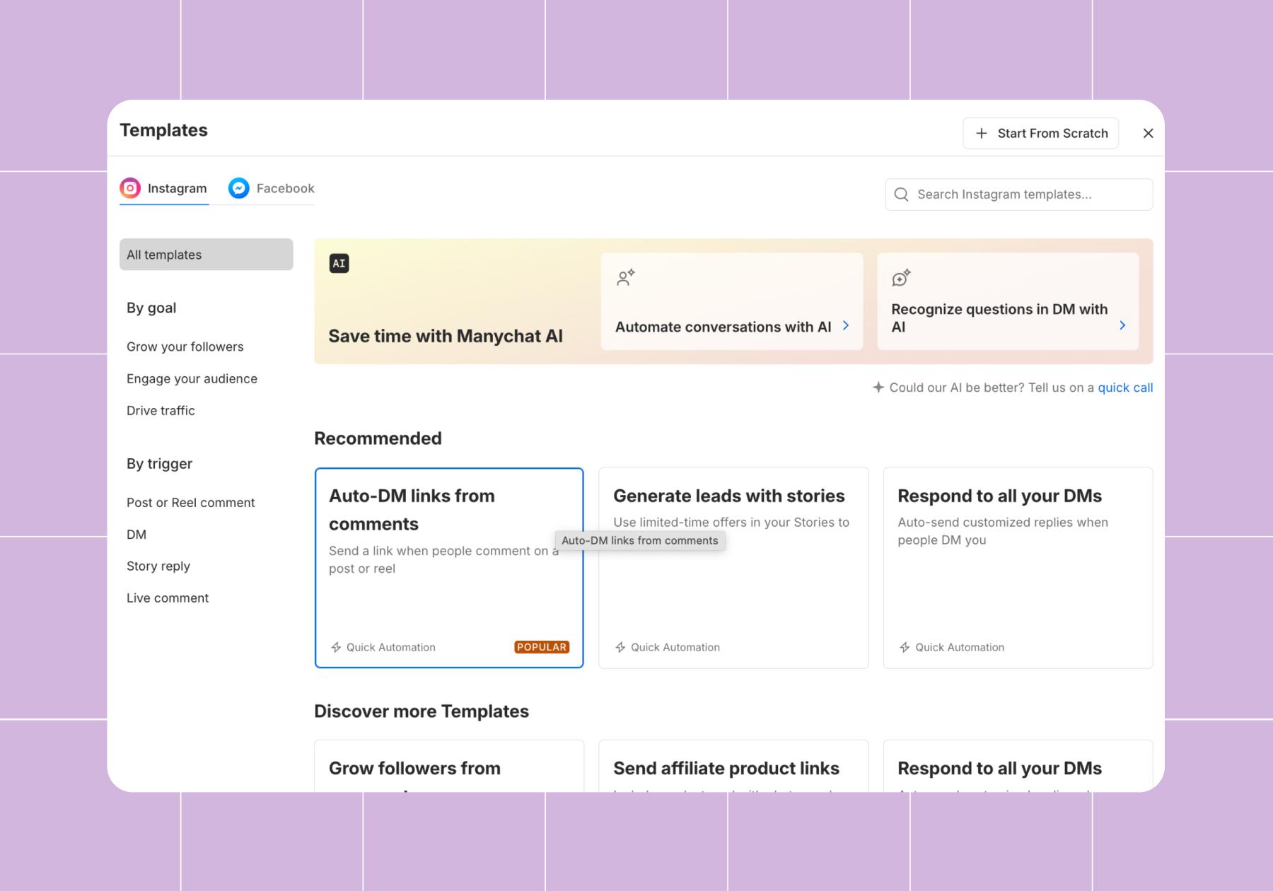 Screenshot of Manychat templates options with "Auto-DM links from comments" selected