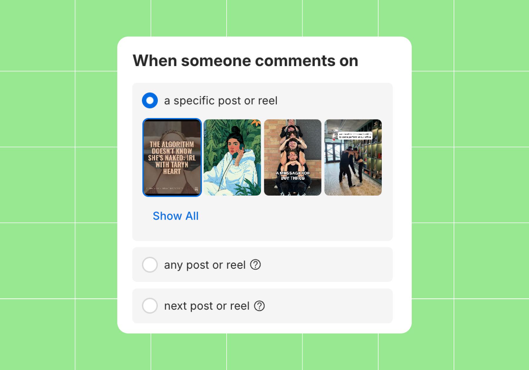Screenshot of options for "When someone comments on" with "a specific post or reel" chosen