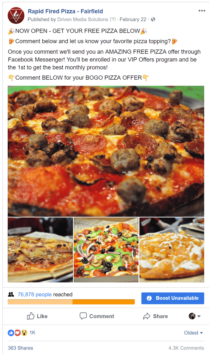 Rapid Fired Pizza Facebook Ad | Restaurant Chatbot Strategy