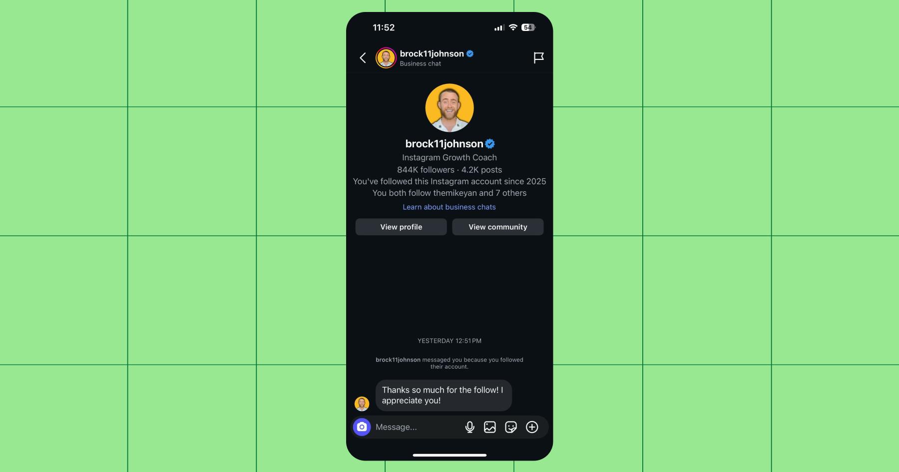 Screenshot of Brock Johnson's welcome message using Manychat's Follow to DM feature 