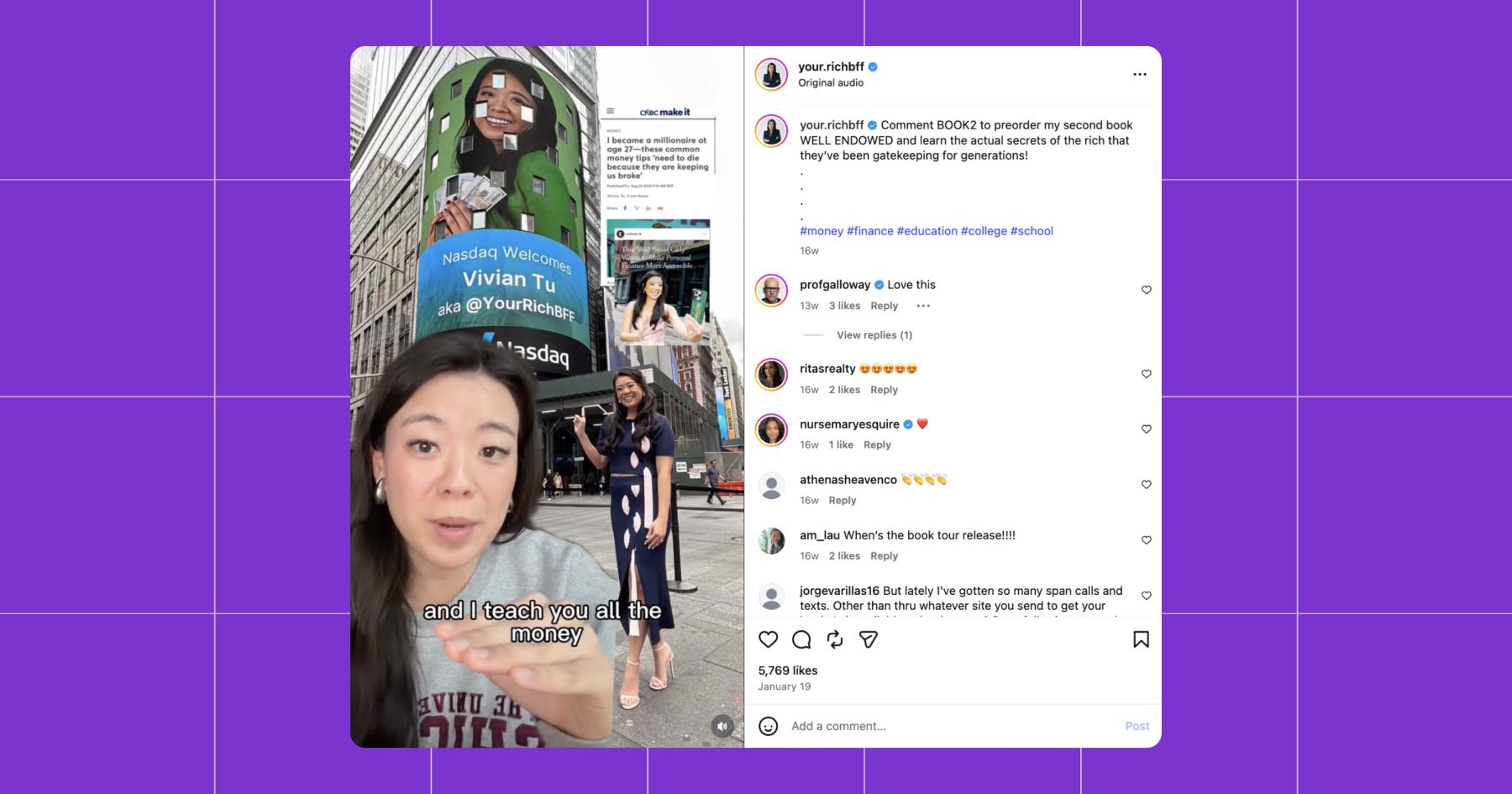 Screenshot of a Vivian Tu Instagram post with a downloadable resource as a lead magnet example