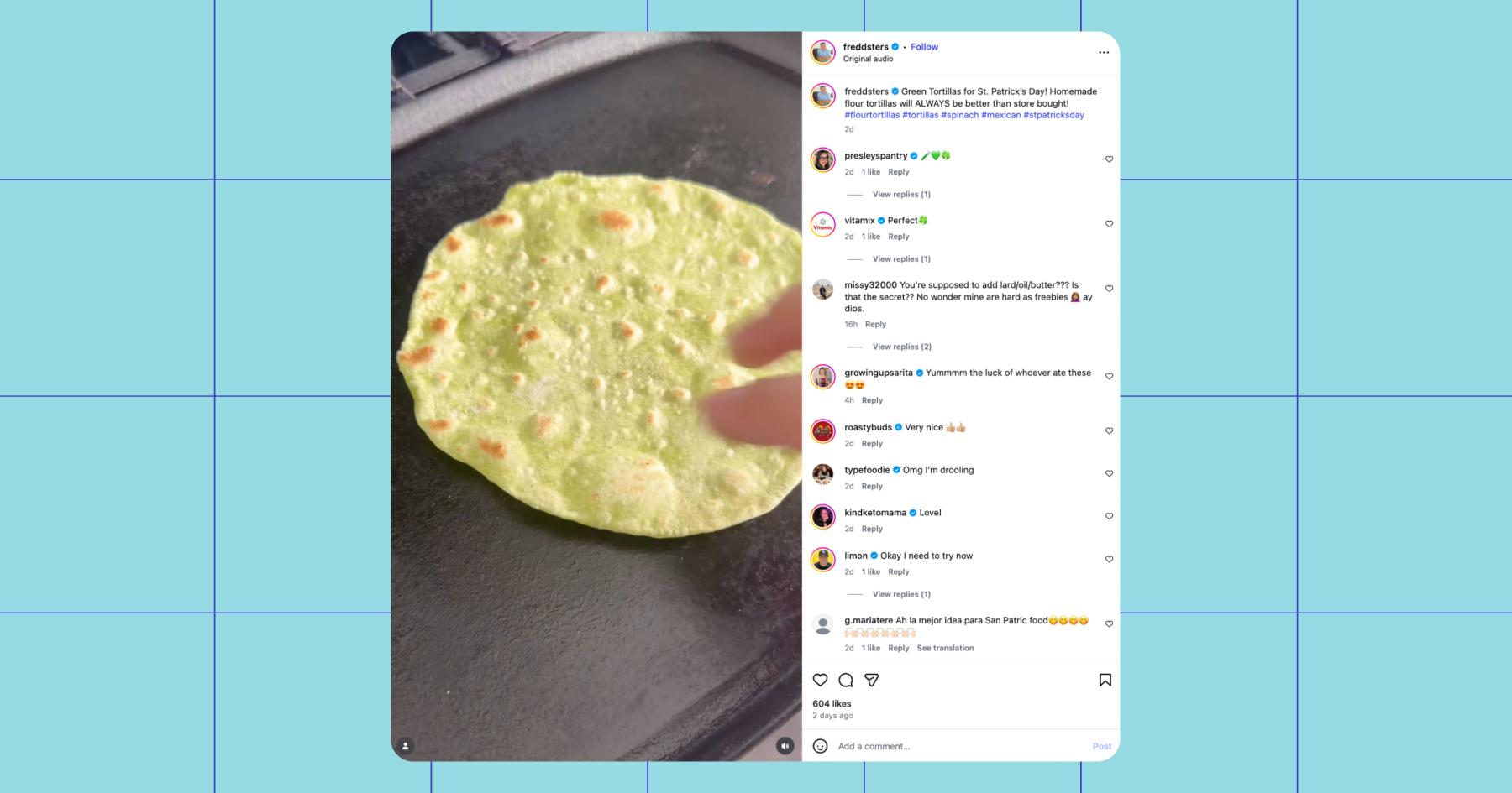 Screenshot of a recipe on Instagram for green tortillas for St. Patrick's Day