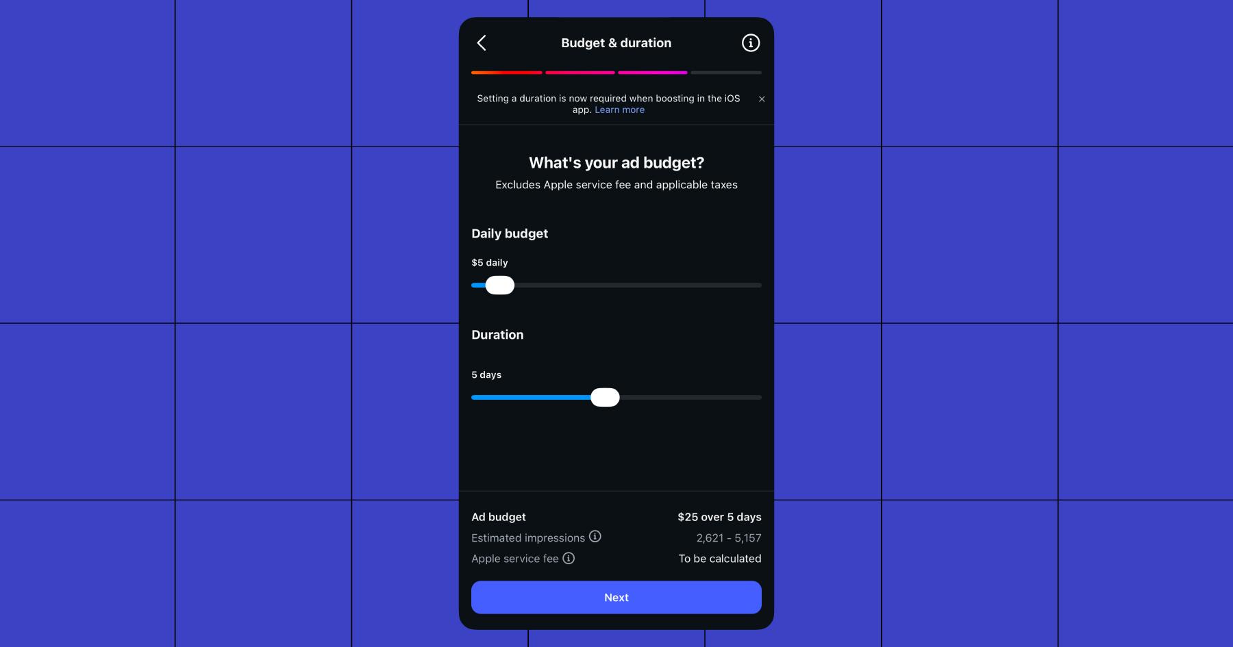 Screenshot of Budget & duration options: "What's your ad budget?"