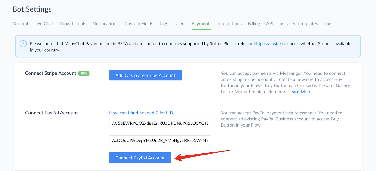 Connecting PayPal to Manychat