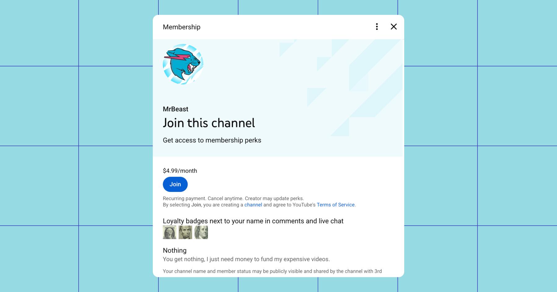 Screenshot of MrBeast's membership channel, priced at $4.99/month