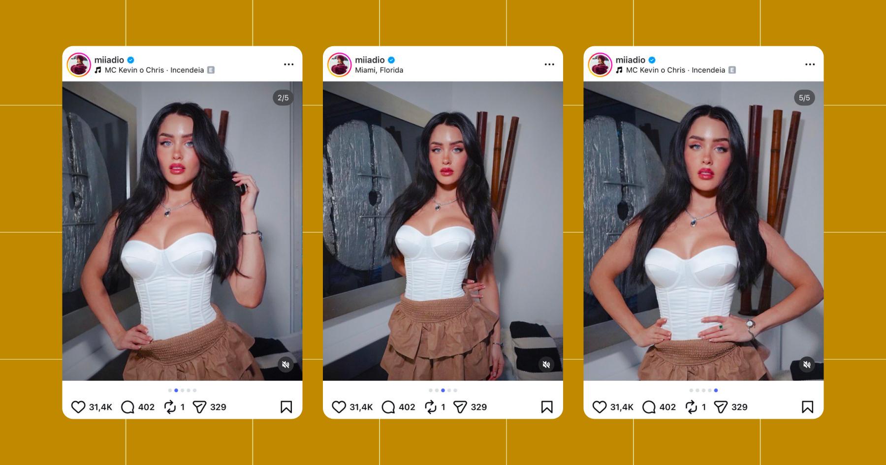 Screenshot of Mia Dio posing in a white corset top and brown skirt on her Instagram