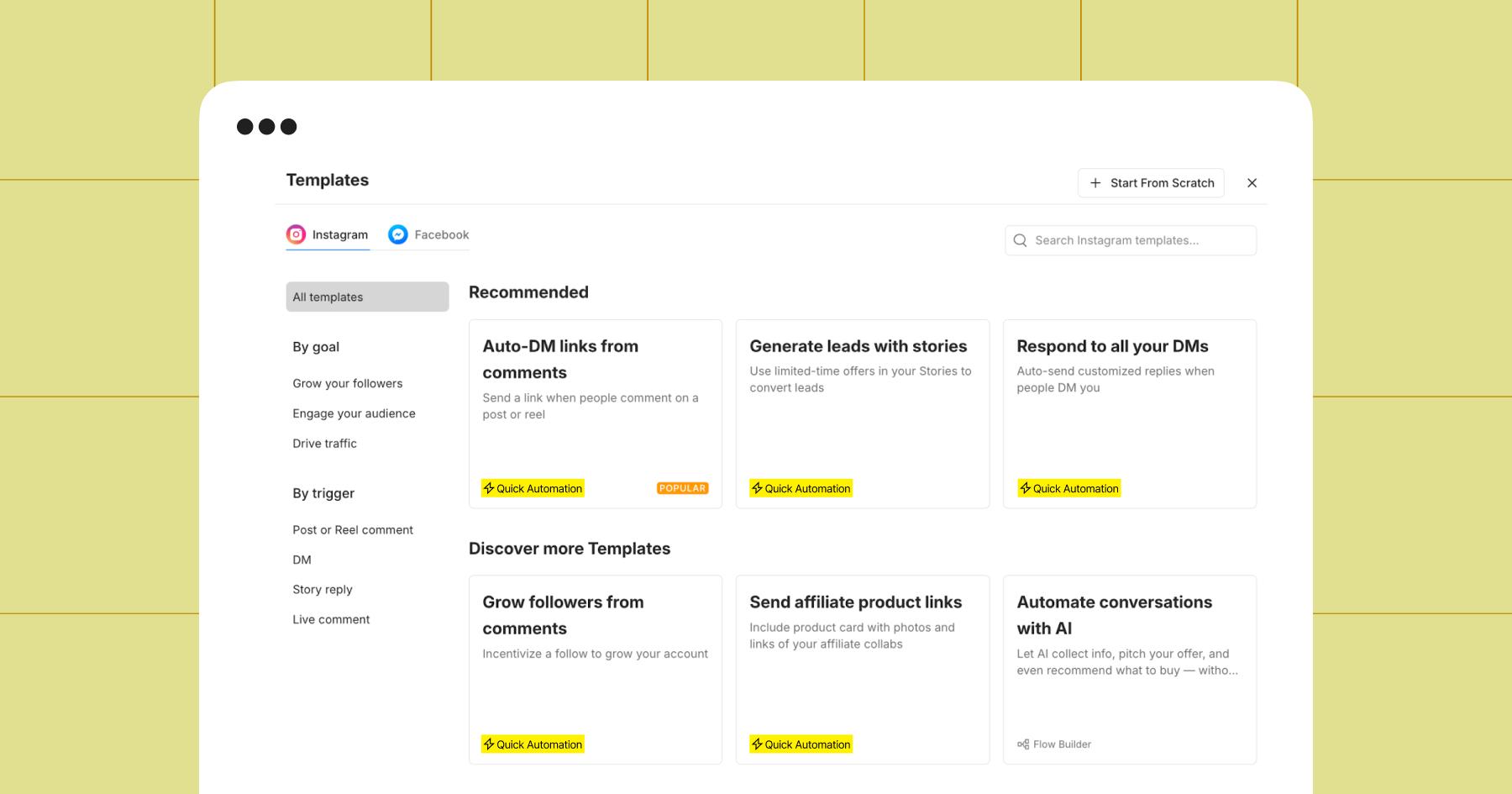 Screenshot of quick automation templates in Manychat