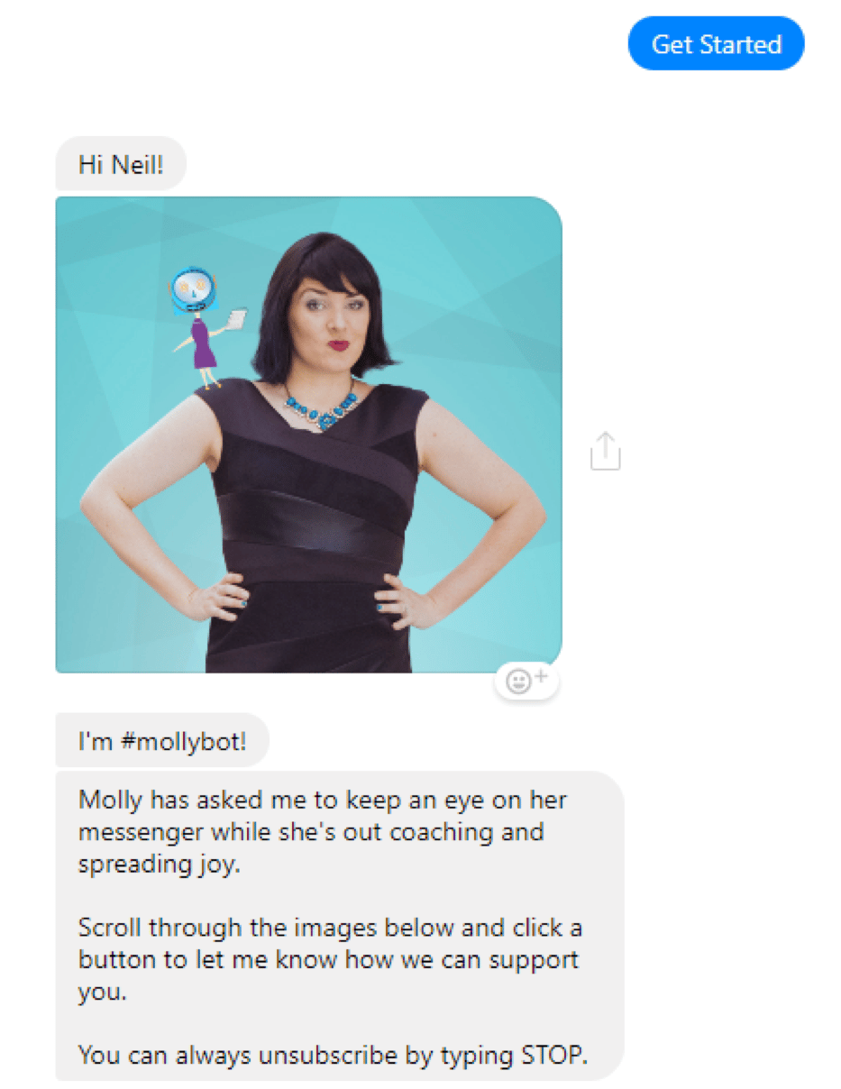 Molly Mahoney welcome message via Manychat messenger