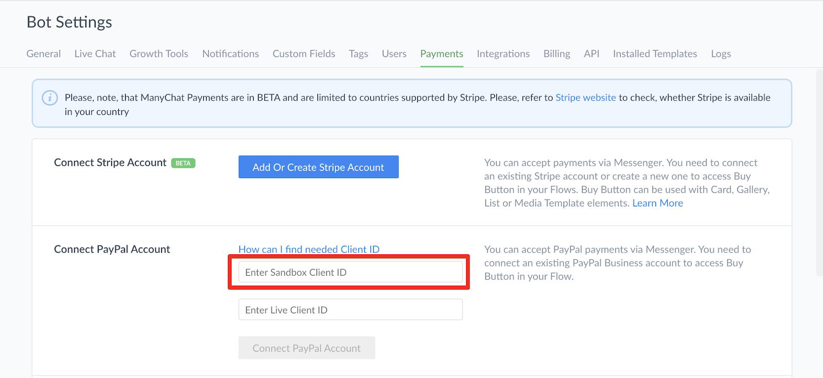 Adding Sandbox Client Id to Manychat account