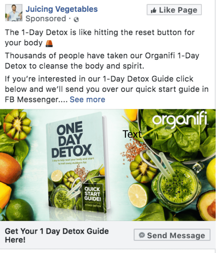 Organifi's 1-day detox Lead Magnet ad delivered via Facebook Chatbot