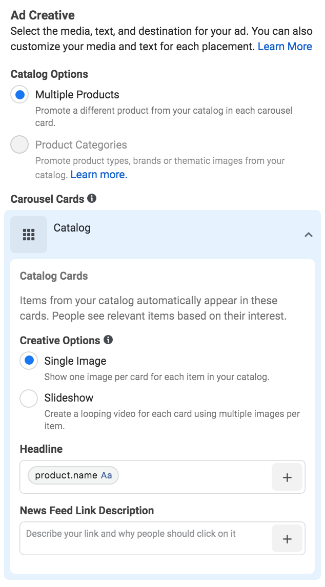 Setting your ad creative for Facebook dynamic product ads