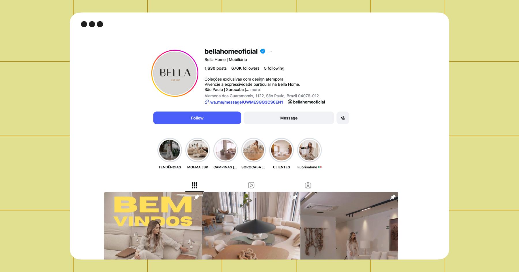Screenshot of the Bella Home Instagram account page 