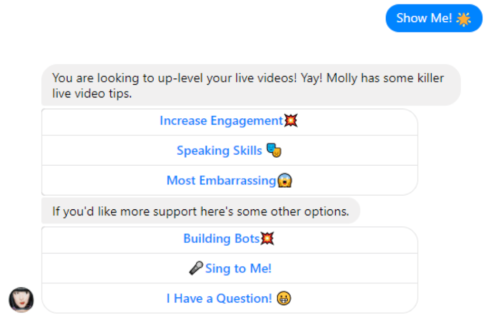 Molly Mahoney chatbot example with menu options