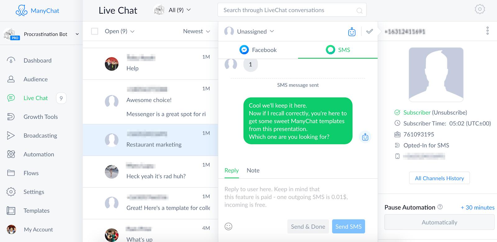 SMS Live Chat in Manychat