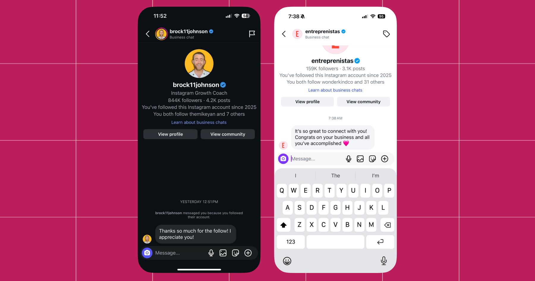 Screenshot of example Follow to DM messages from creator Brock Johnson and account Entreprenistas