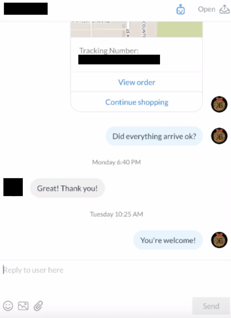 Manychat Live Chat | Order confirmation example