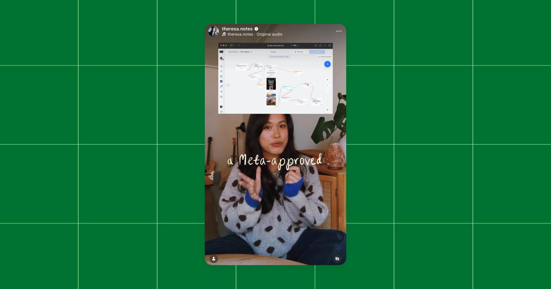 Screenshot of Instagram post from Theresa sharing that Manychat is a Meta-approved partner 