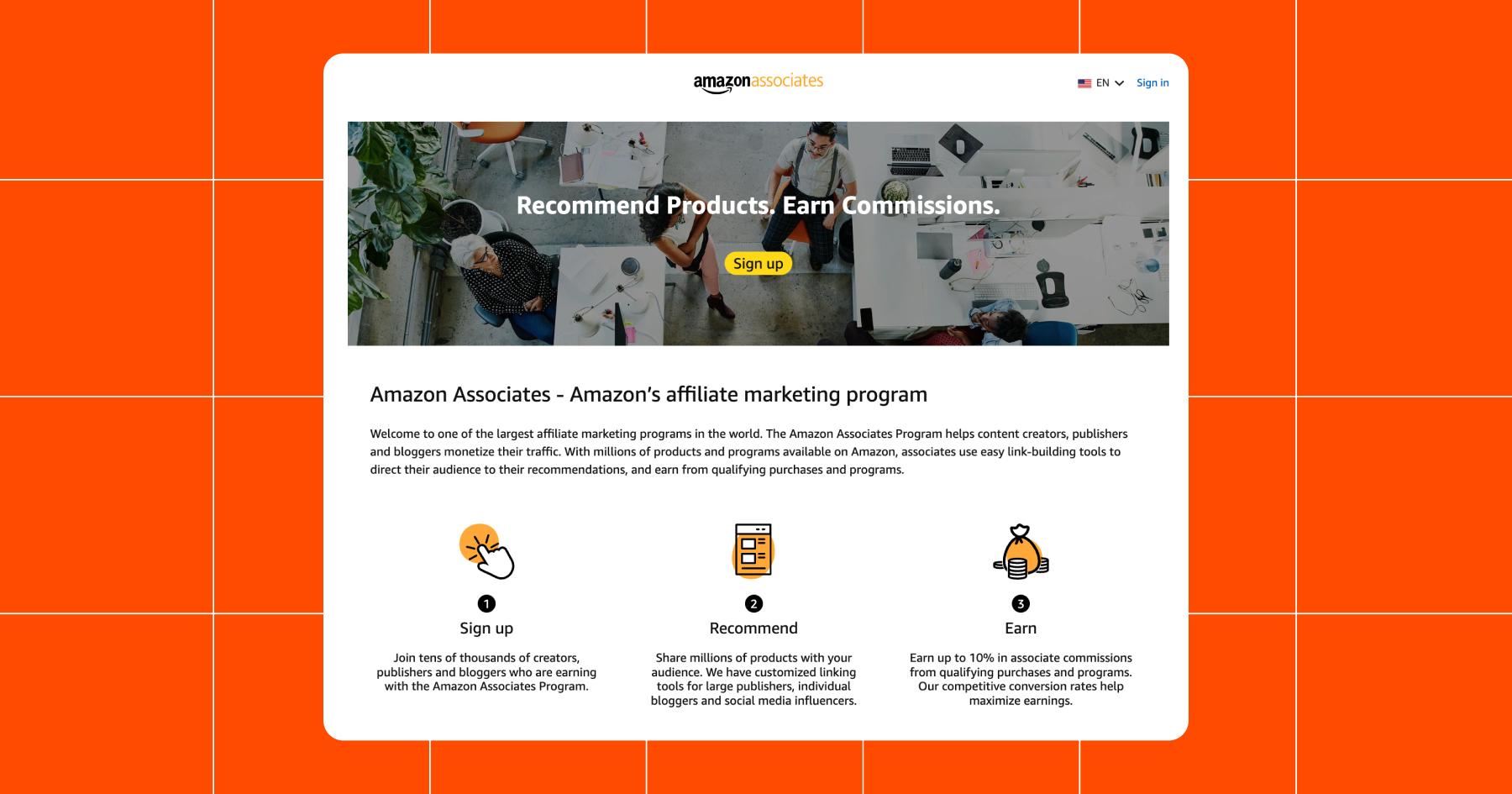 Screenshot of the Amazon Associates homepage covering the basics of what the Amazon affiliate marketing program entails