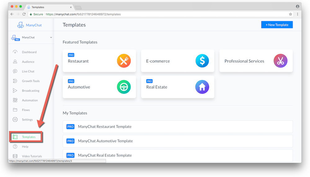 manychat templates in dashboard