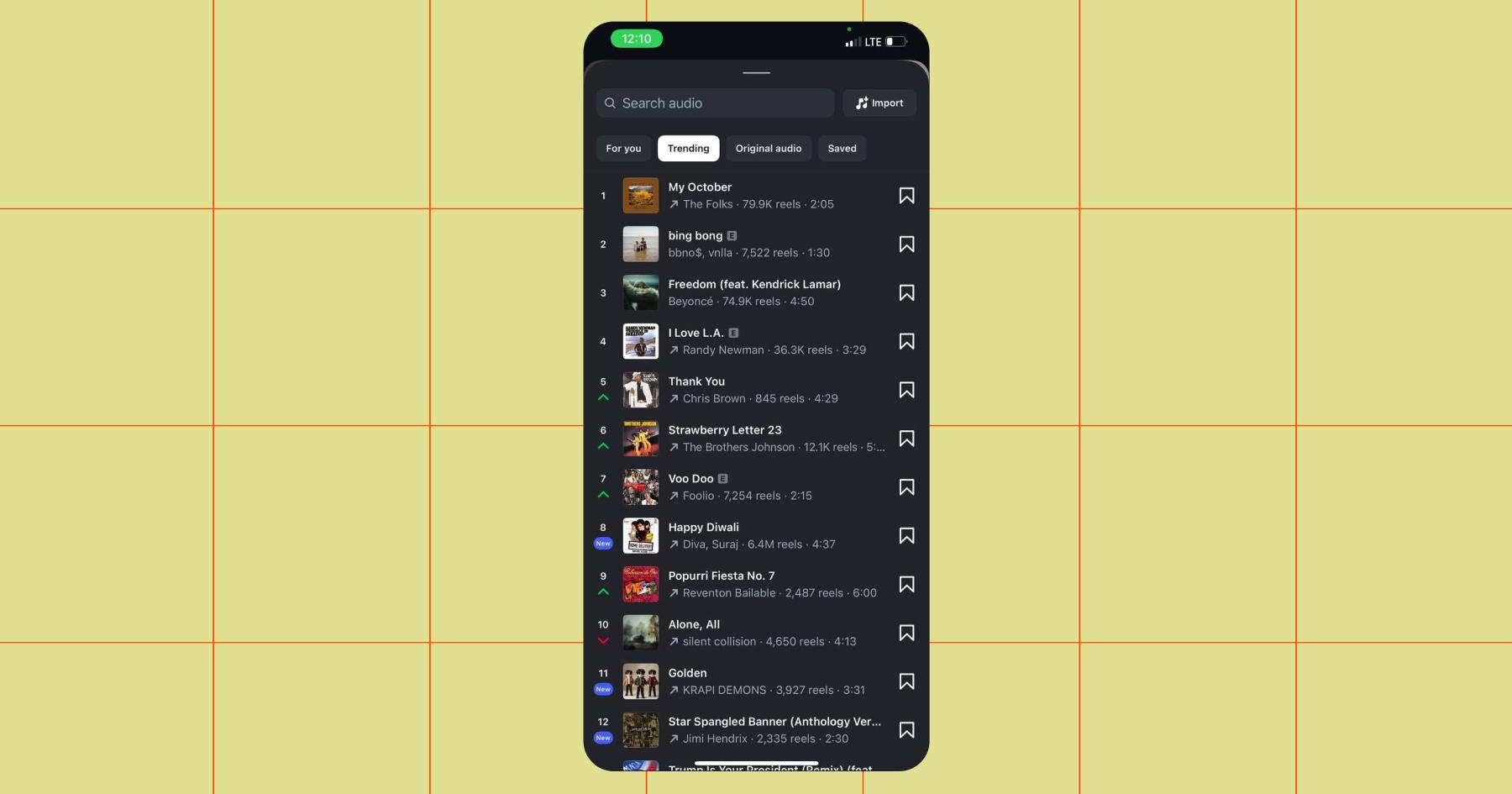 Screenshot of trending audio options in Instagram 