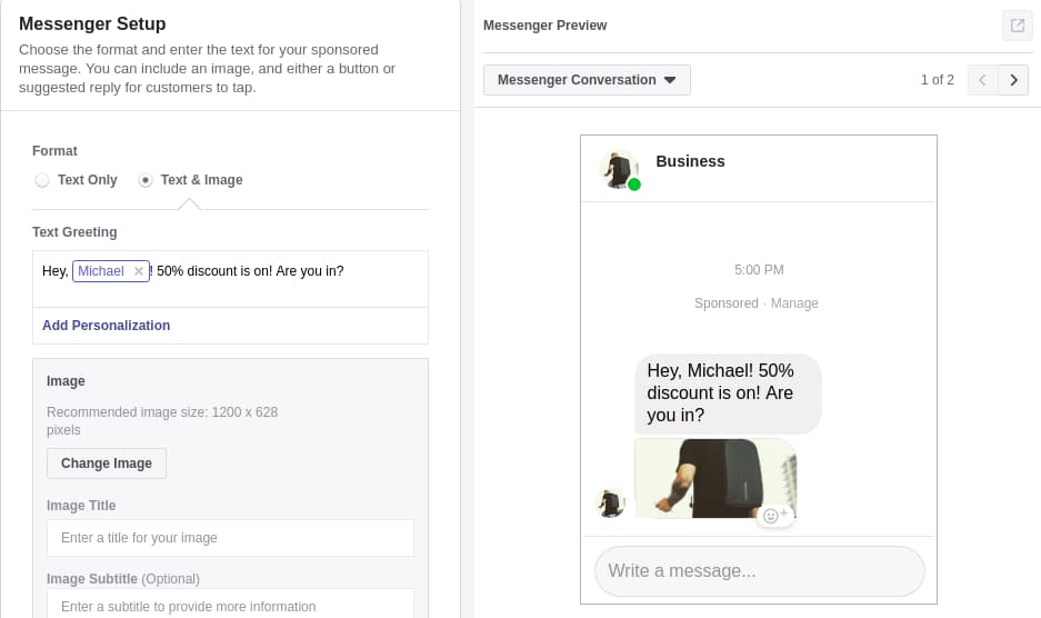 How to Create Facebook Messenger Ads Step 6: Add Image and Text