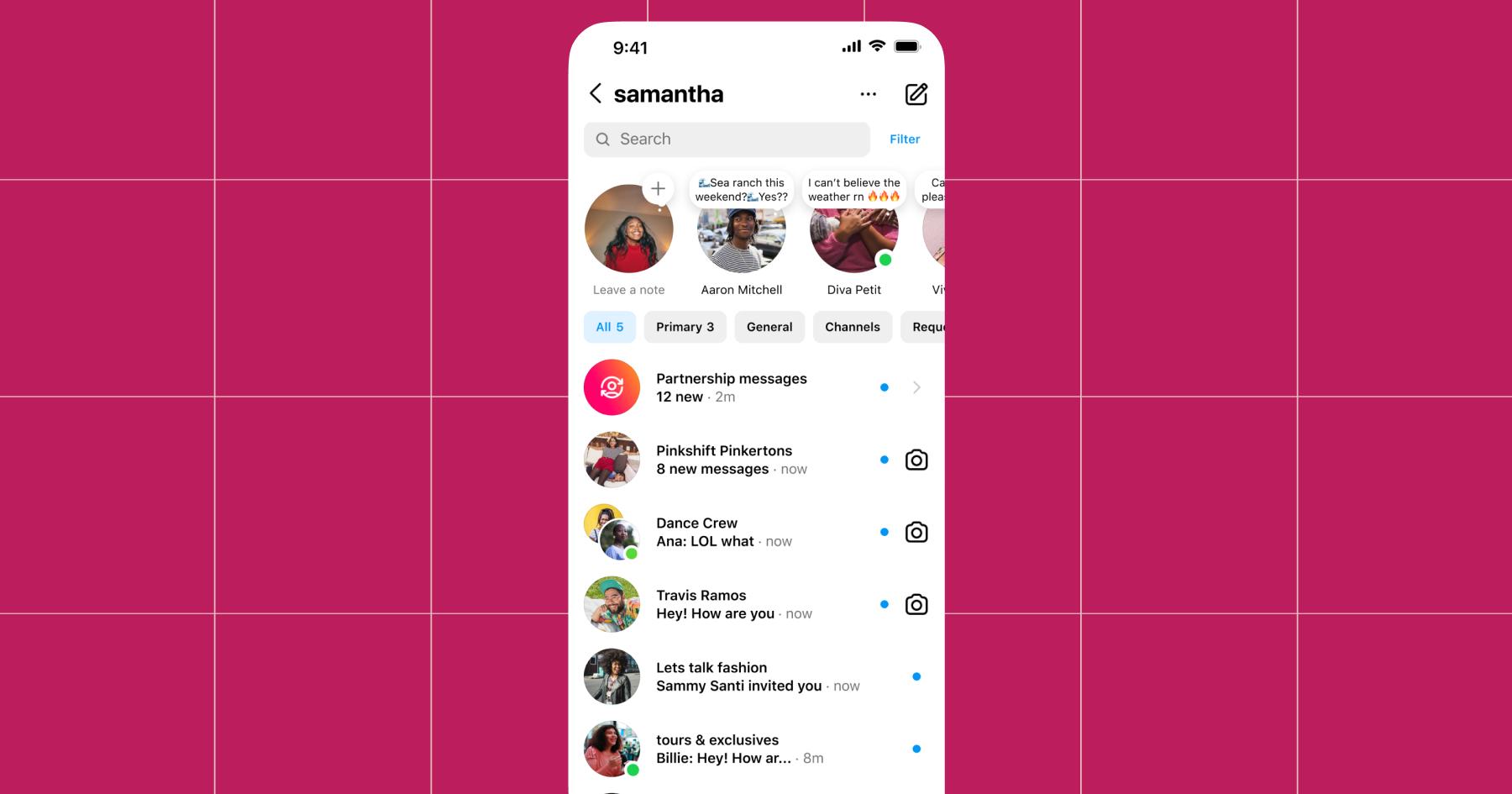 Screenshot of an Instagram inbox with the "Partnership messages" category added 