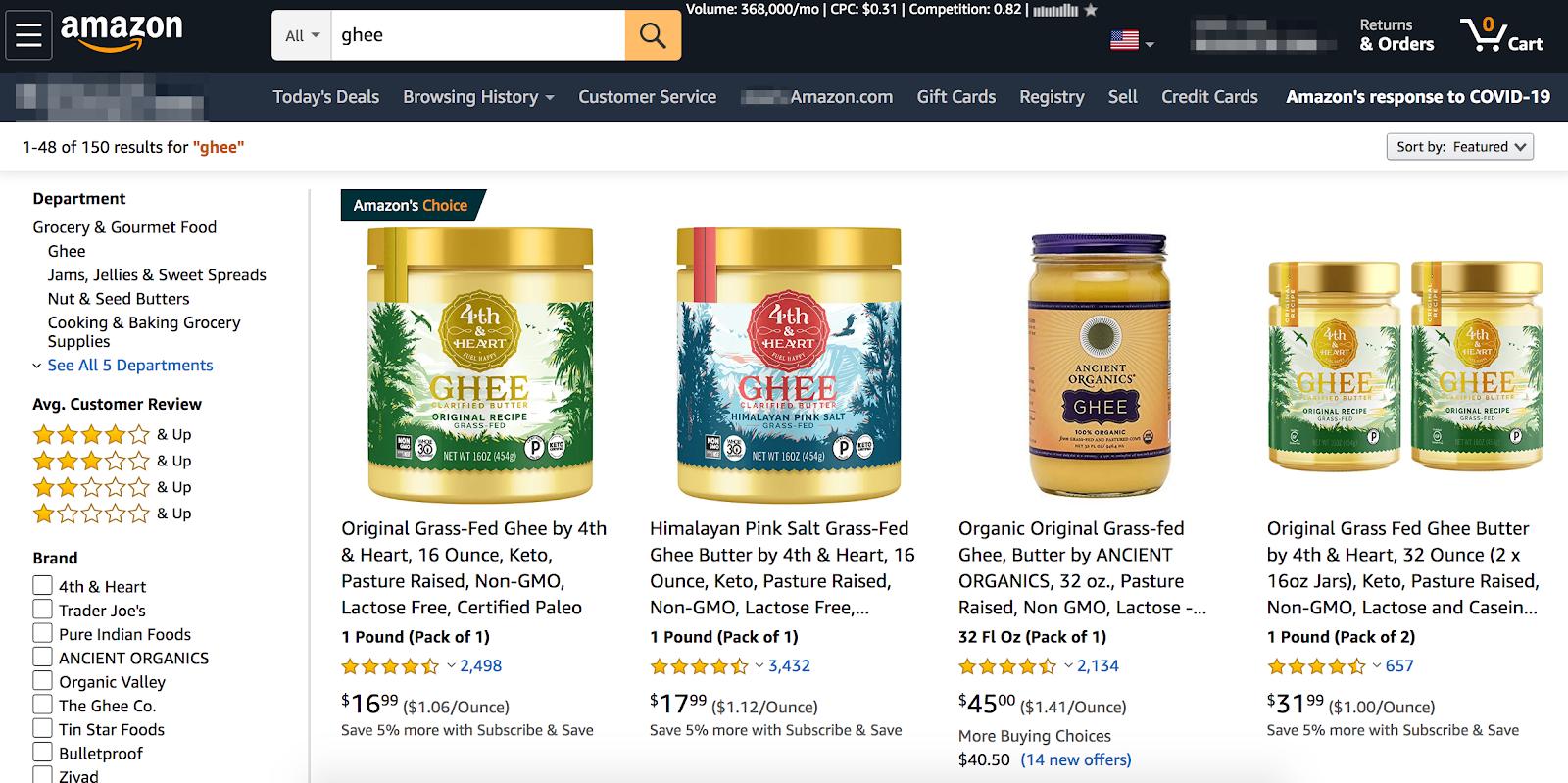Ghee butter search listing on Amazon