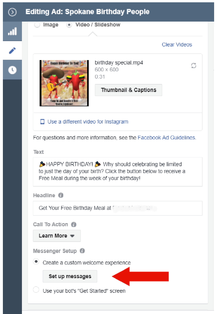 editing ads in manychat